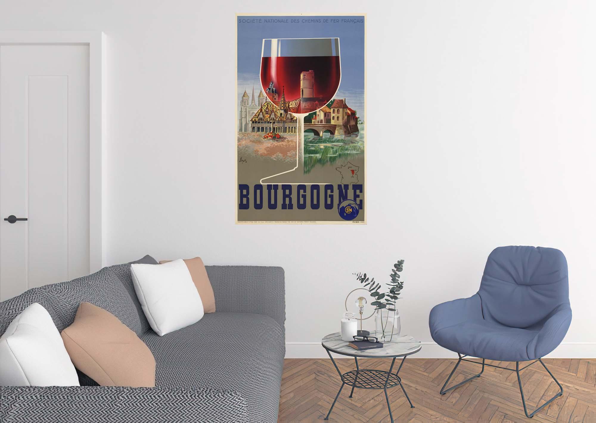 CoolWalls.ca diecut Bourgogne SNCF from 1939 Wine Poster, Wall Decal Sticker Wallpaper, PEEL-N-STICK, removable anytime. Great for a classroom
