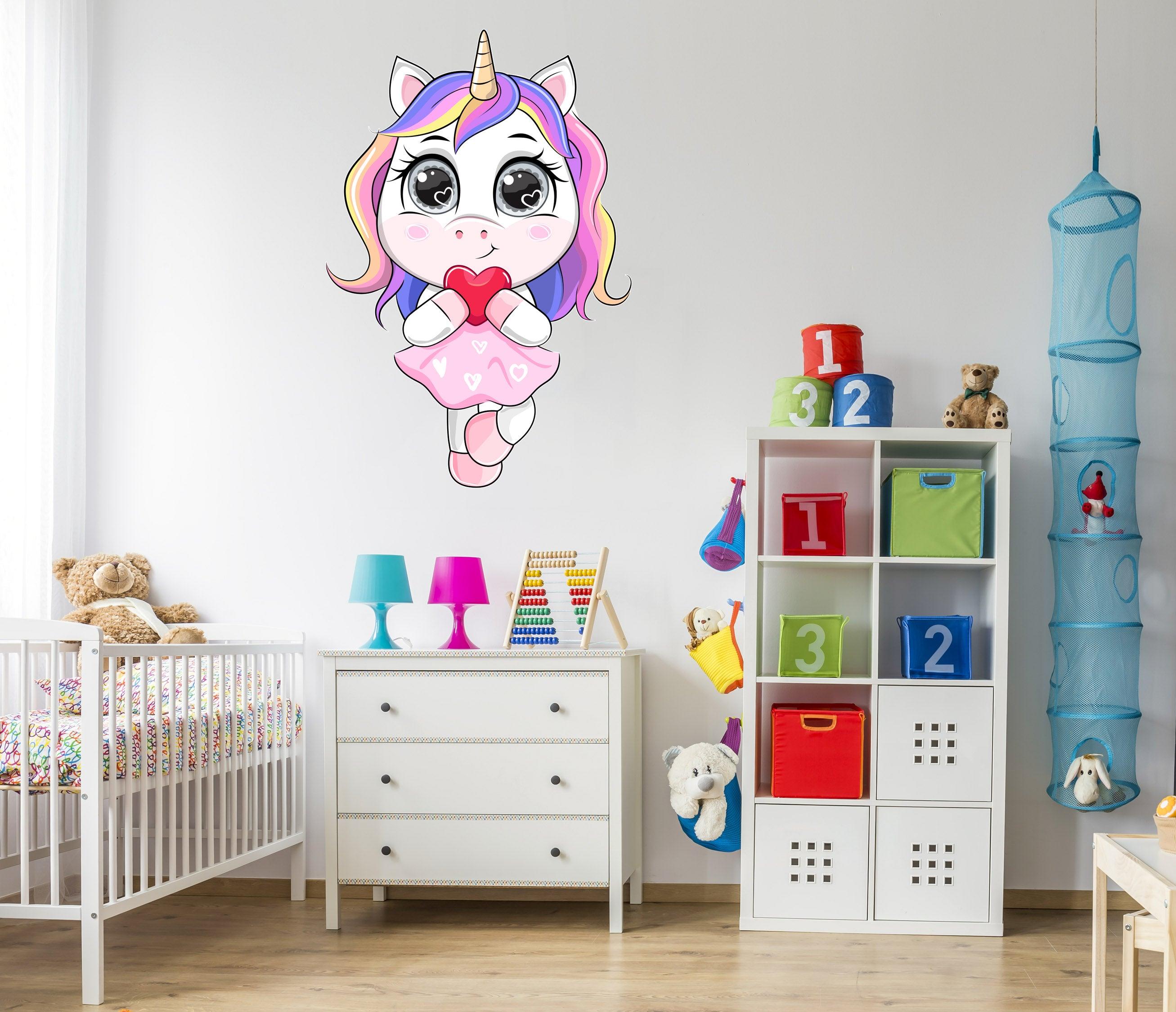 Cartoon Unicorn in a Dress holding a heart Decal, wall sticker, Peel-N-Stick