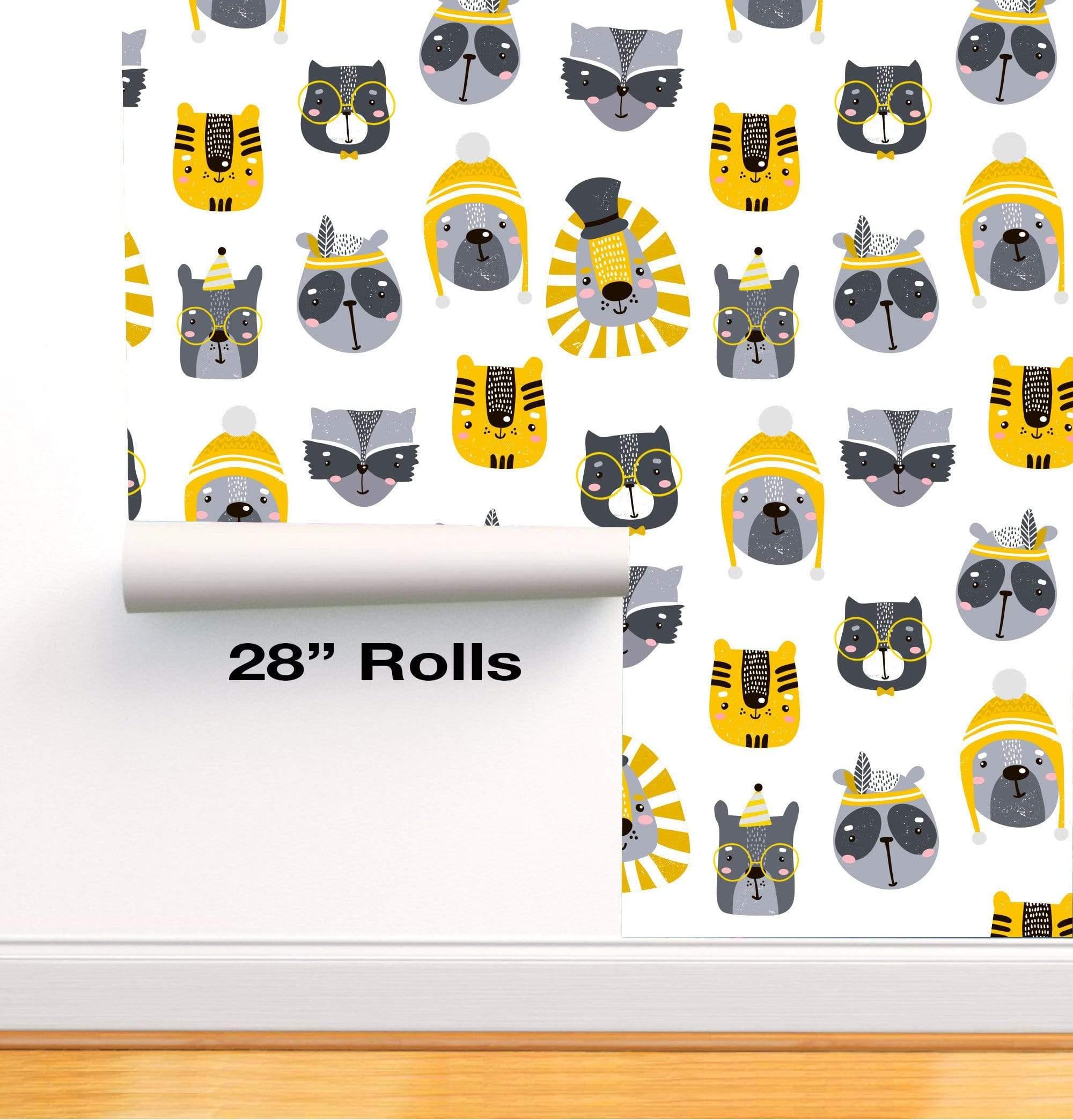 Childish pattern with cute animal faces, 28" Removable wallpaper wall mural, Peel-N-Stick