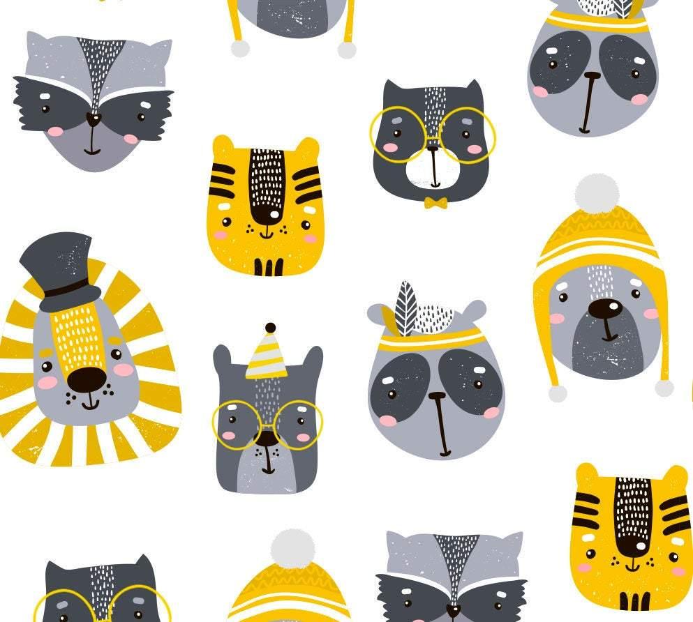 Childish pattern with cute animal faces, 28" Removable wallpaper wall mural, Peel-N-Stick