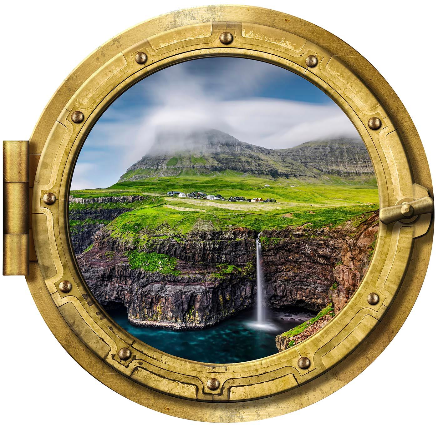 Coastal Waterfall & Lush Green Fields, Window Portal Decal
