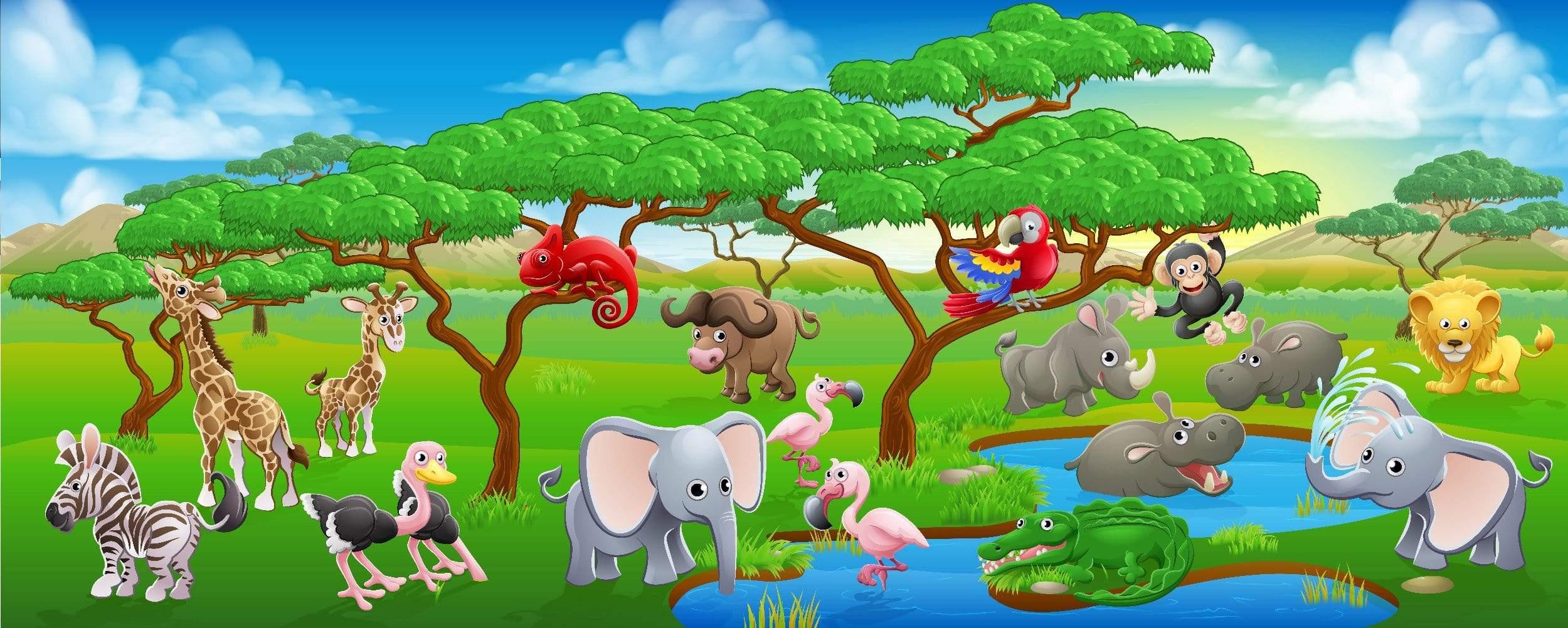 Large group animals watering hole