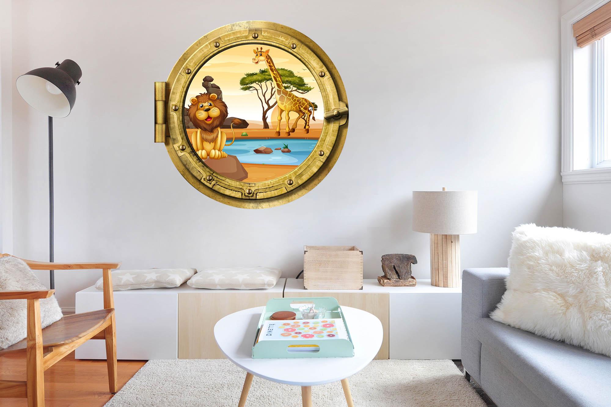 Lion and Giraffe at Waterhole #004, Window Decal, removable Decal
