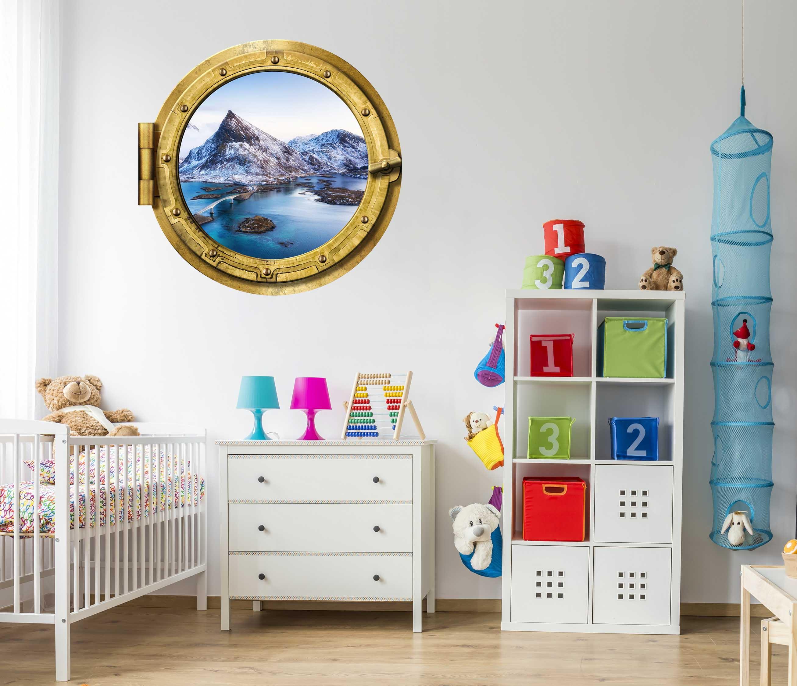 Mountains with Blue lake and a bridge Window #002, Removable wall decal