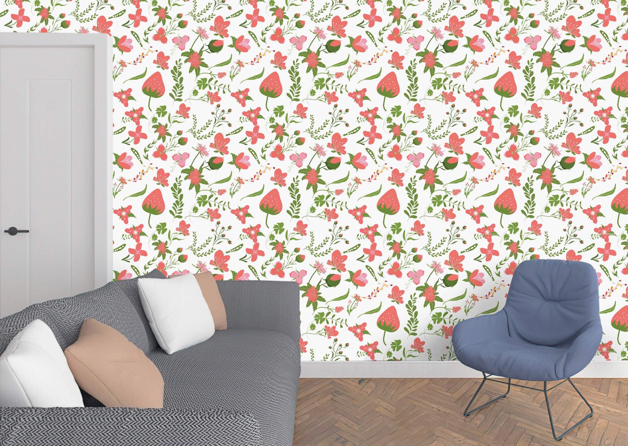 Pink Strawberry Butterfly ferns Removable Wallpaper in 28" rolls