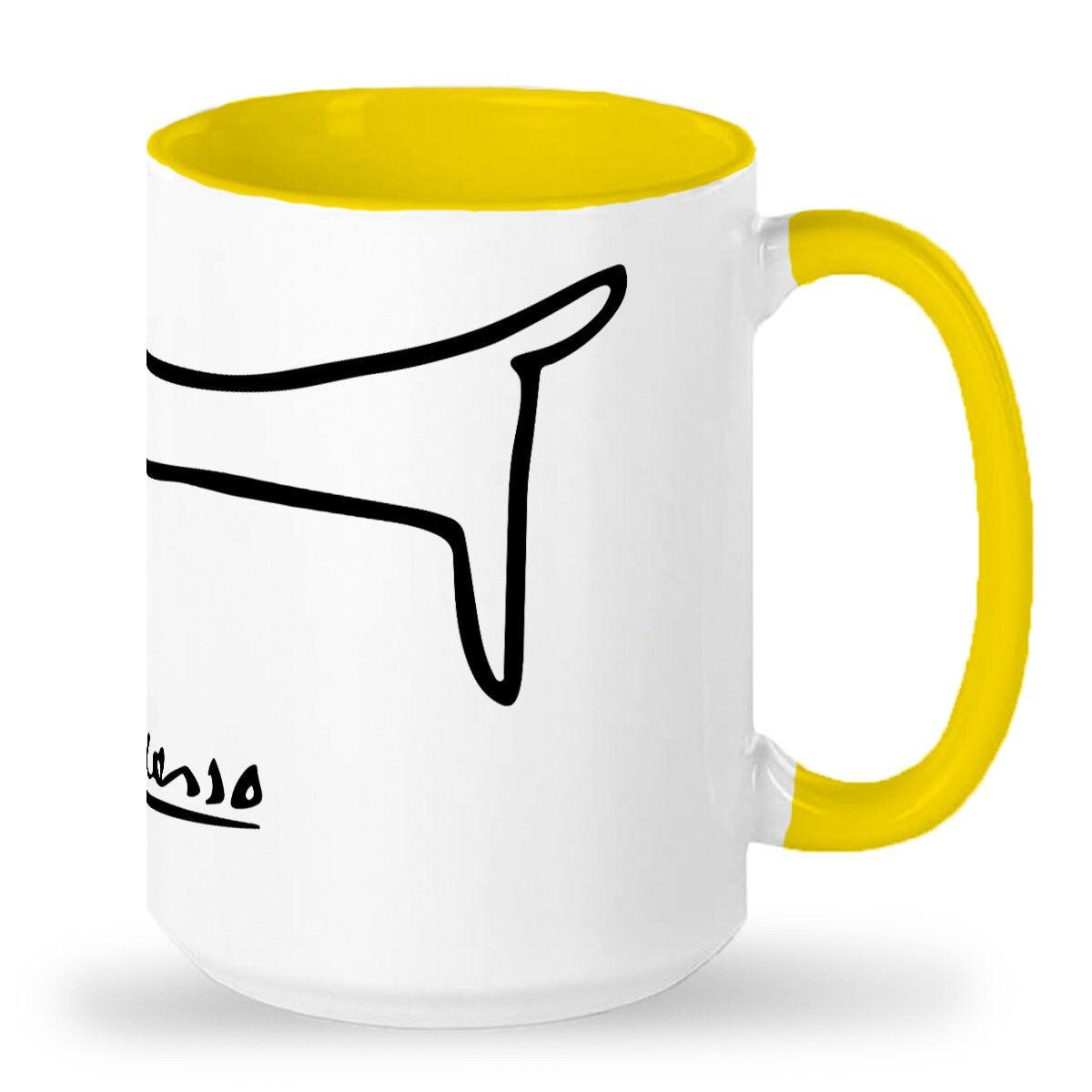 Tall glossy ceramic mug 15 OZ, Picasso dachshund drawing of Lump wrap around