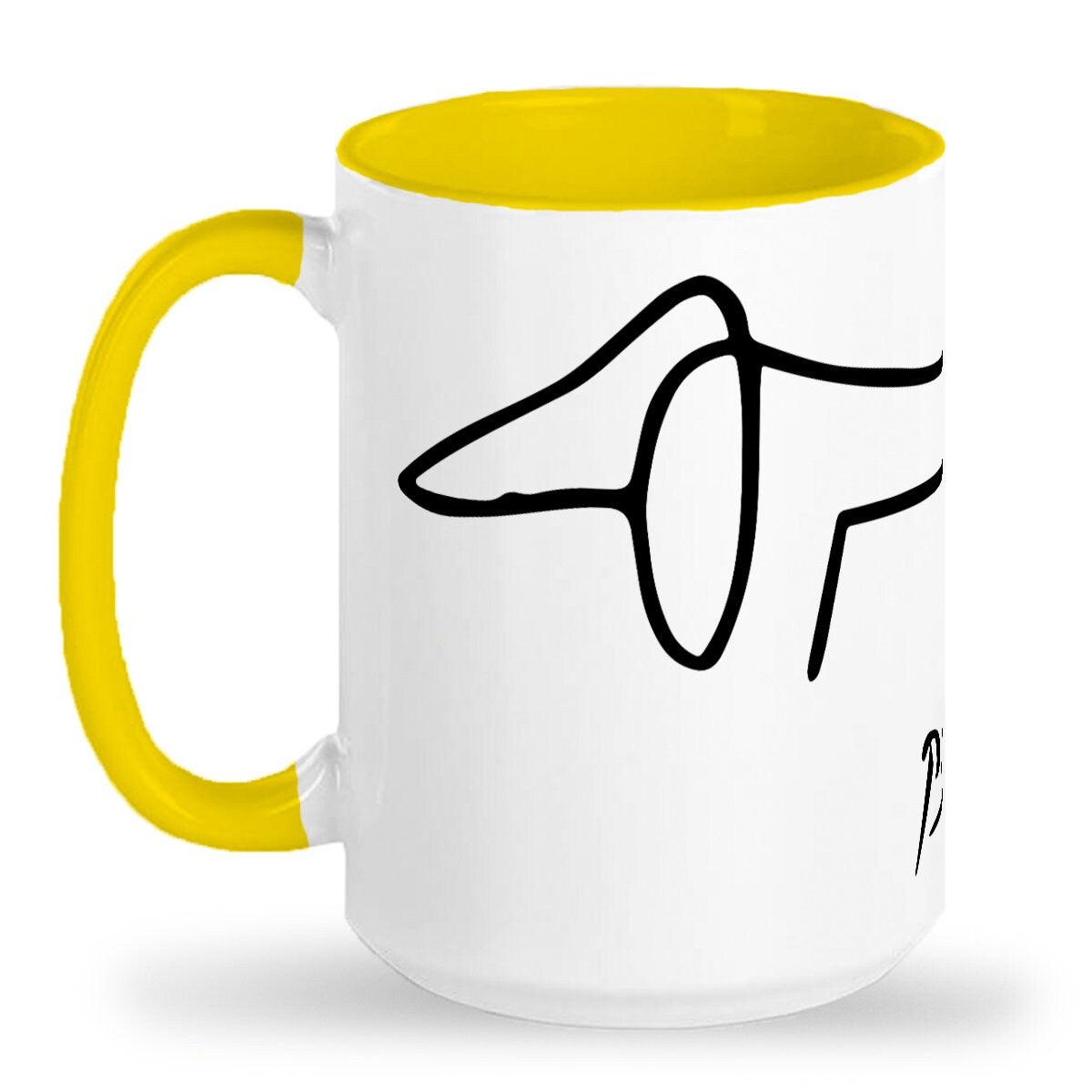 Tall glossy ceramic mug 15 OZ, Picasso dachshund drawing of Lump wrap around