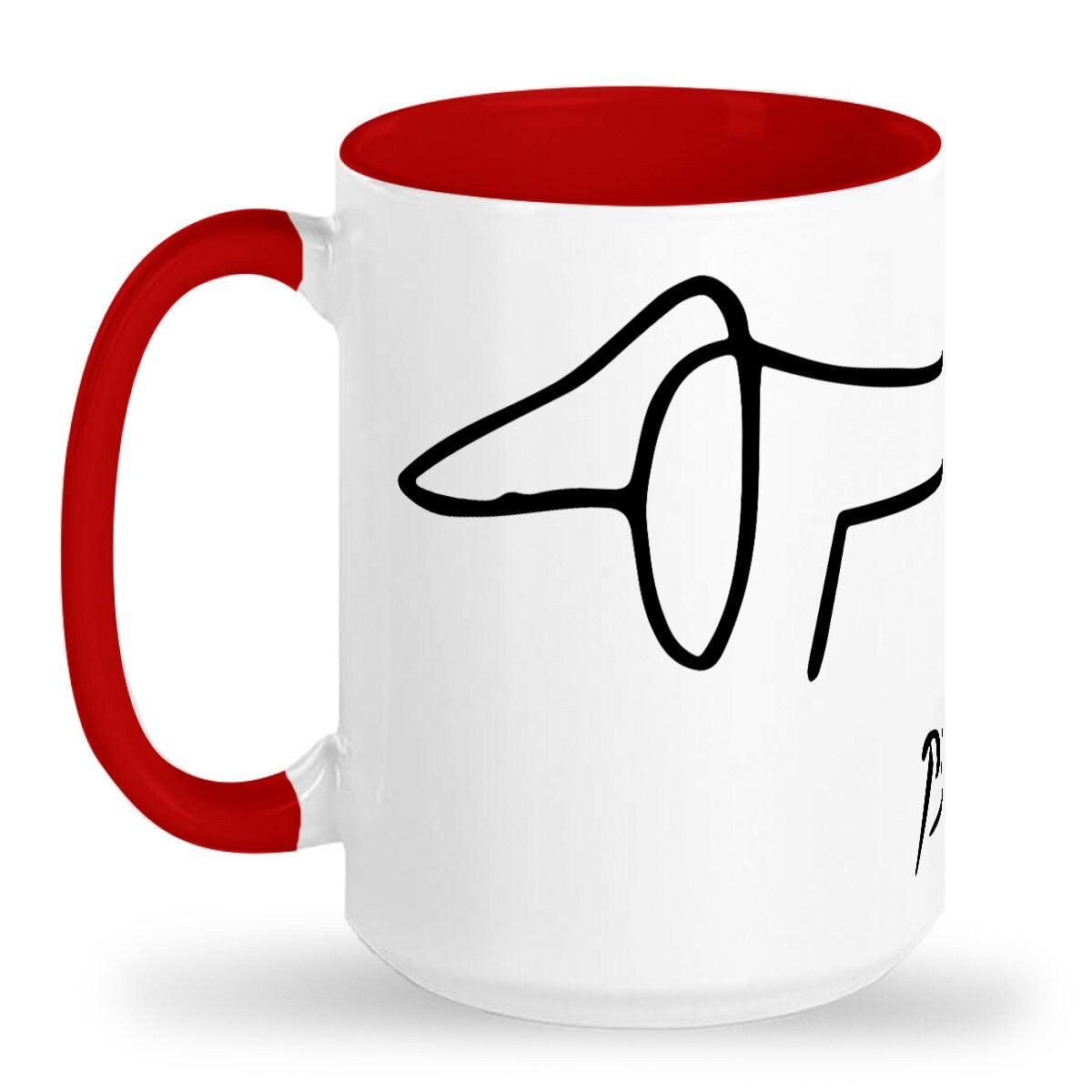 Tall glossy ceramic mug 15 OZ, Picasso dachshund drawing of Lump wrap around