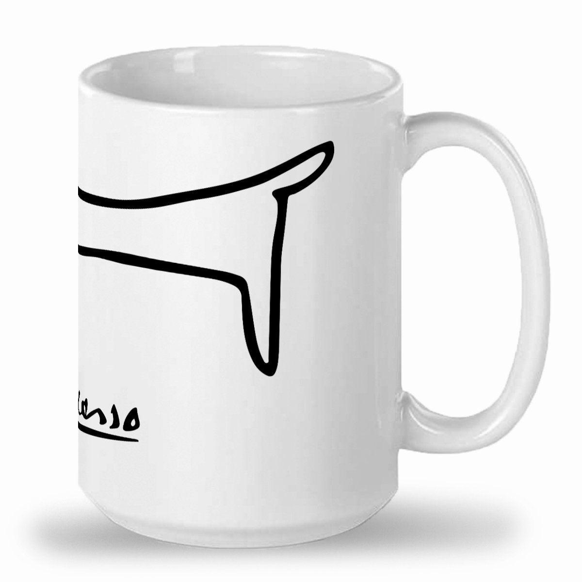 Tall glossy ceramic mug 15 OZ, Picasso dachshund drawing of Lump wrap around