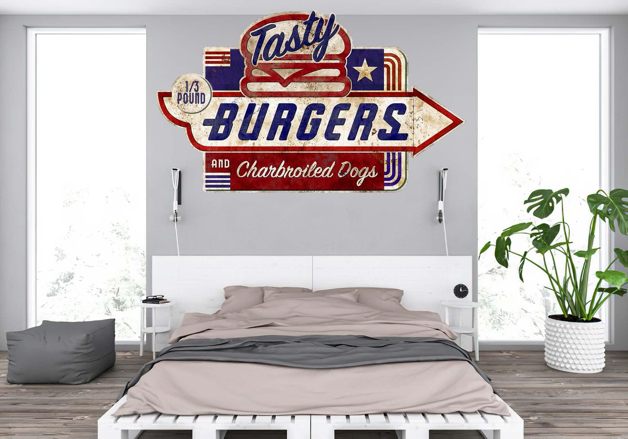 CoolWalls.ca DieCut Tasty Burgers Vintage Sign Decal, Wall Decal, Peel-N-Stick and Removes Easily Anytime