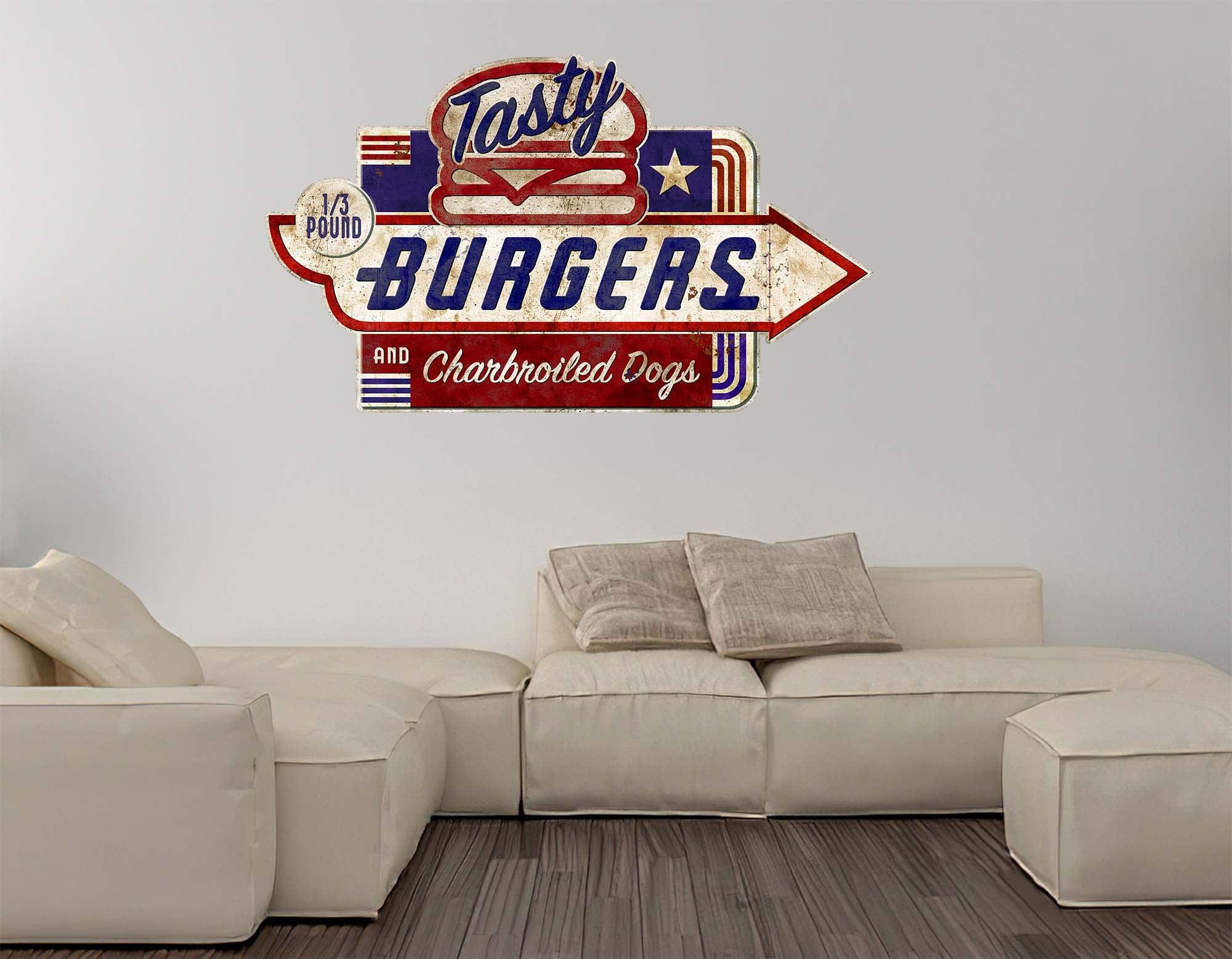 CoolWalls.ca DieCut Tasty Burgers Vintage Sign Decal, Wall Decal, Peel-N-Stick and Removes Easily Anytime
