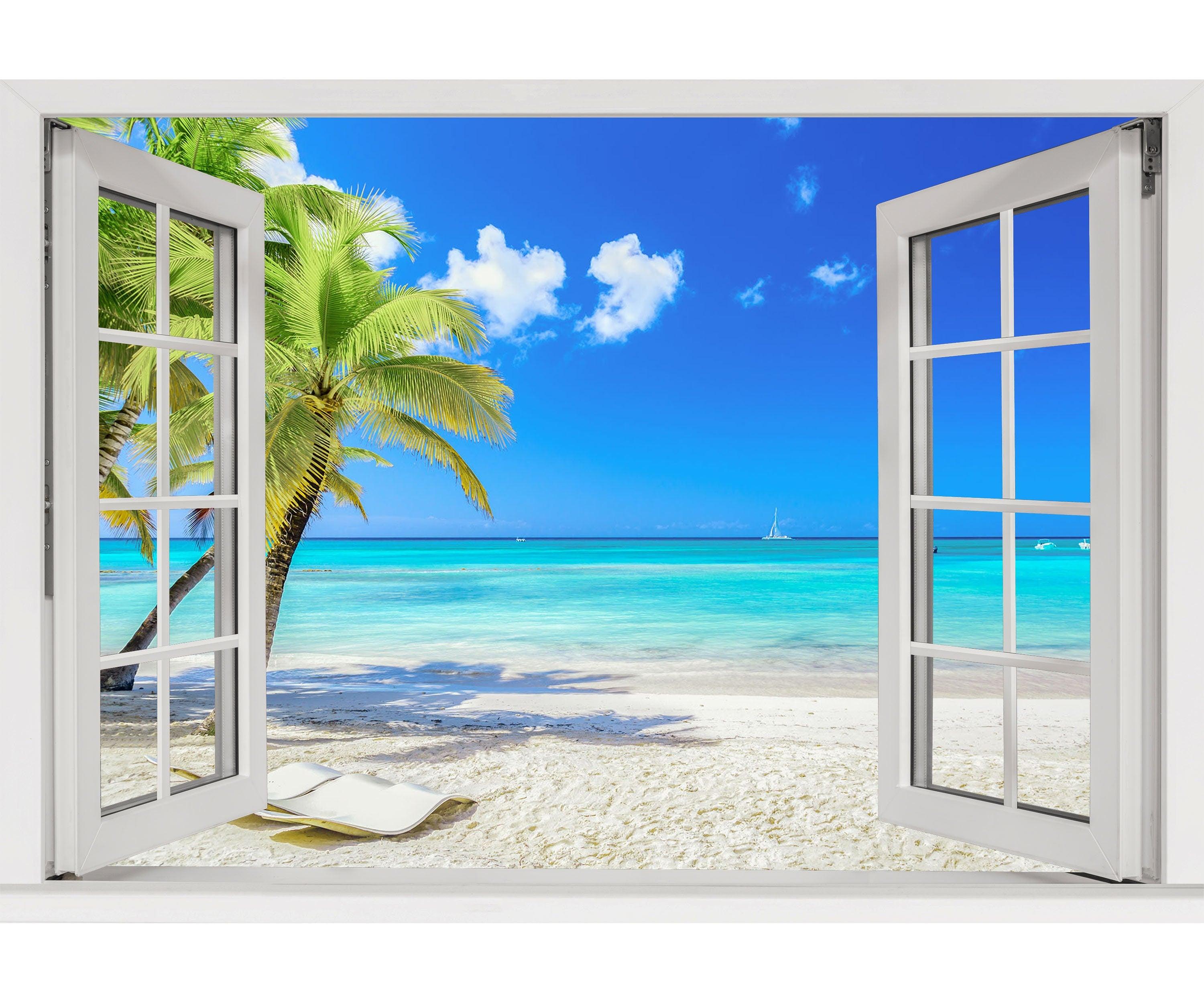 Window Scape Tropical #6 Window Decal Sticker Mural Beach Removable Fabric Window Frame Office Bedroom 3D